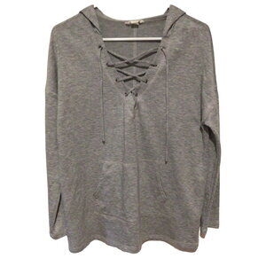 Caslon Gray Lace-Up Hoodie Sweatshirt Women's Small Kangaroo Pocket Long Sleeve
